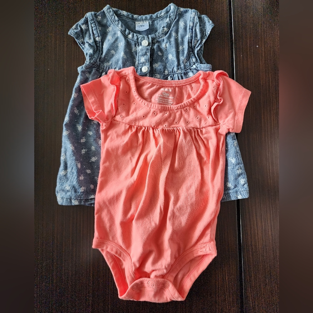 Carter's - 2 piece top bundle. Coral eyelet onsie and Chambray top in size 12m